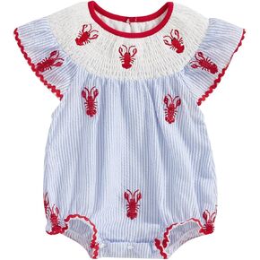 YOKJZJD Newborn Baby Girl Crawfish Smocked Bubble Romper Lobster Ruffle Short Sleeve Bodysuit Jumpsuit Summer Outfits