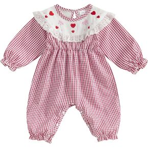 Newborn Baby Girl Valentines Day Outfit Heart Embroidery Plaid Ruffle Long Sleeve Smocked Bubble Jumpsuit Romper