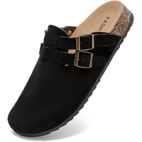 Women's Suede Clogs Mens Leather Mules with Double Adjustable Buckle Slip On Cork Footbed Sandals Potato Shoes with Arch Support