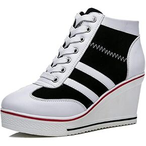 Women's Sneaker Shoes High Heel Fashionable Canvas Shoes High Tube Lace Up Wedge Edge Zipper Slope Angle Shoes Size 4-11