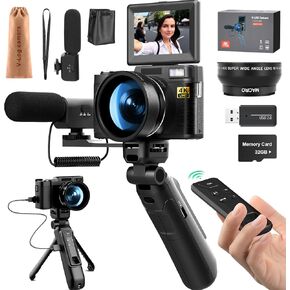 4K Digital Cameras for Photography, 16X Digital Zoom Camera, Video Camera with Wide-Angle & Macro Lenses, Flip Screen vlogging Camera for YouTube, MC, Mount and Stands,32GB TF Card