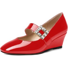 NUMALEO Womens Bungee Rhinestone Dating Solid Patent Square Toe Ankle Strap Cute Wedge Low Heel Pumps Shoes 2 Inch