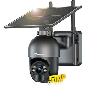 Ctronics 5MP Solar Security Camera Outdoor Wireless, 6W Solar Panel, Sound-Light Alarm, PC/Phone Remote Control, Color Night Vision, PIR Human Detection, 128 TF/Cloud/FTP Storage
