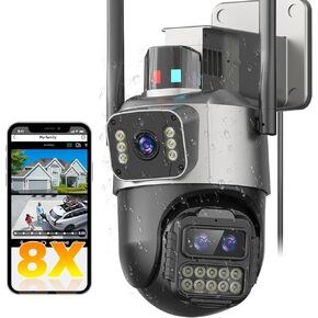 PTZ Security Camera Outdoor, Dual Lens 8X Digital Zoom Outside Cameras for Home Security with Cord, IP66 Waterproof, AI Tracking, Light Alarm, Color Night, 2-Way Talk, 24/7 Record,SD/Cloud