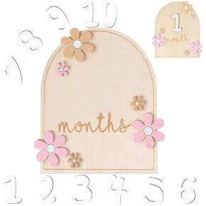 Baby Monthly Milestone - Monthly Baby Milestone Signs for Newborn Wooden Circle Cards Photography Props to Document Baby Girl & Boy Growth 1-12 Months (Flower)
