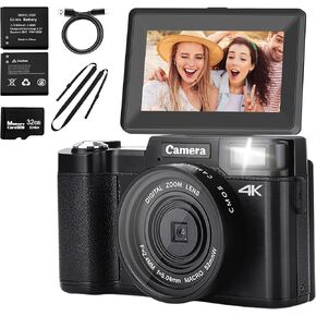 48MP 16X Digital Zoom 4K Digital Camera for Students and Beginners - Ideal Vlogging Camera with 4K Video, 3 Inch 180°Flip Screen, Flash, Anti-Shake, 2 Batteries (White)