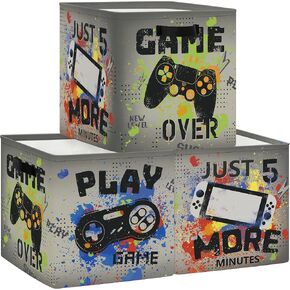 Clastyle Video Games Kid Storage Basket Set Black Gamepad Foldable Closet Clothes Organizer Nursery Toddler Toy Bin Boy Girl Book Shelf Basket, 11.8x11.8x11.8 in