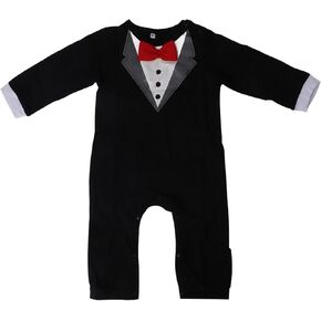 TOPINCN Baby Tuxedo Newborn Gentleman Romper Jumpsuit with Bow Tie, Long Sleeve Black Cotton Onesie for Special Occasion