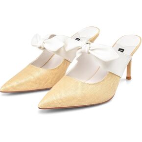 MIRAAZZURRA Bow Heel Mules Pumps Raffia Pointed Toe Stiletto High Heels Slip On Mules for Women Bridal Wedding Dress Party