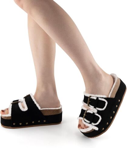 Joristimo Women's Cork Flatform Sandals ، Faux Suede مزدوج الفراء مزدوج اللوحات من منصة منصة على Sandals Slippers in Saudi Arabia