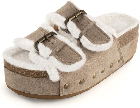 JORISTIMO Women's Cork Flatform Sandals, Faux Suede Fur-Lined Dual Buckled Band Suede Clogs Platform Slip On Sandals Slippers in Saudi Arabia
