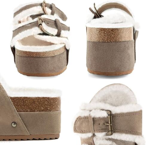 JORISTIMO Women's Cork Flatform Sandals, Faux Suede Fur-Lined Dual Buckled Band Suede Clogs Platform Slip On Sandals Slippers in Saudi Arabia