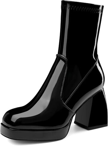 Oh Mispares Women's Platform Ankle Boots Square Toe High Chunky Block Heel Short Gogo Boots Comfort Party Dress Bootie Shoes for Women with Side Zipper in Kuwait