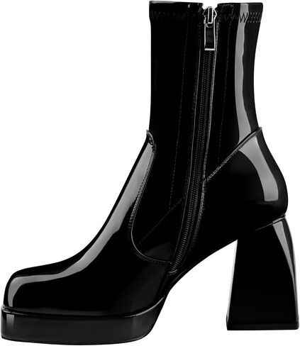 Oh Mispares Women's Platform Ankle Boots Square Toe High Chunky Block Heel Short Gogo Boots Comfort Party Dress Bootie Shoes for Women with Side Zipper in Kuwait