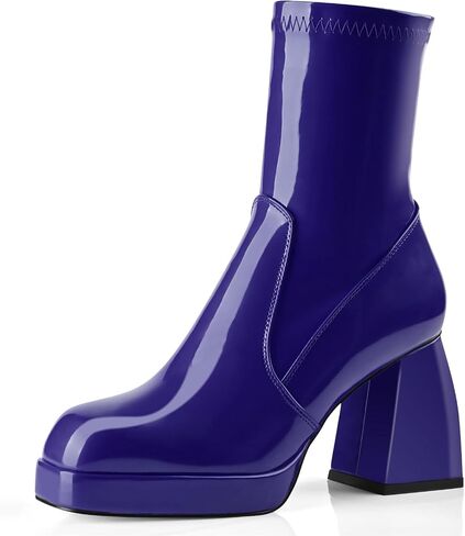 Oh Mispares Women's Platform Ankle Boots Square Toe High Chunky Block Heel Short Gogo Boots Comfort Party Dress Bootie Shoes for Women with Side Zipper in Kuwait