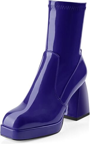 Oh Mispares Women's Platform Ankle Boots Square Toe High Chunky Block Heel Short Gogo Boots Comfort Party Dress Bootie Shoes for Women with Side Zipper in Kuwait
