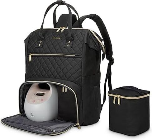 LOVEVOOK Breast Pump Backpack with Cooler Bag, Quilted Breast Pump Bags Fits Spectra S1, S2 Medela, Travel Double Layer Pumping Bag for Working Moms with 15.6" Laptop Pocket, Black in Saudi Arabia