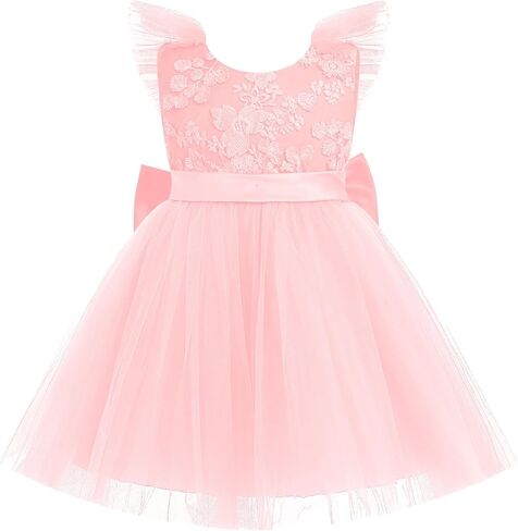 IBTOM CASTLE Baby Girls Tutu Dress Princess Flutter Sleeve Floral Lace Birthday Party Bowknot Flower Sundress Wedding in Kuwait