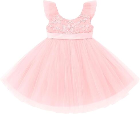IBTOM CASTLE Baby Girls Tutu Dress Princess Flutter Sleeve Floral Lace Birthday Party Bowknot Flower Sundress Wedding in Kuwait