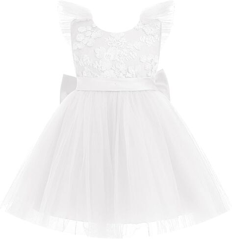 IBTOM CASTLE Baby Girls Tutu Dress Princess Flutter Sleeve Floral Lace Birthday Party Bowknot Flower Sundress Wedding in Kuwait