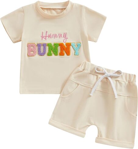 Toddler Baby Girl Summer Clothes Embroidered Letter Graphic Short Sleeve T-Shirt Shirts + Elastic Shorts Set in Kuwait