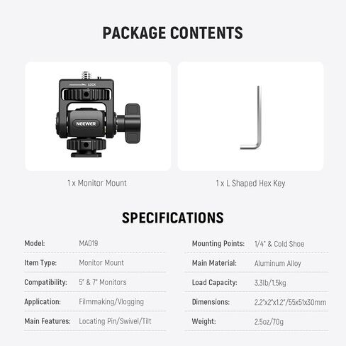 حامل شاشة Monitor Monitor Monitor Neewer مع برغي 1/4 بوصة ، 360 درجة دوارة ، ميل 180 درجة ، مضاد المسمار المسمى مع Atomos Ninja 5 "و 7" متوافق مع قفص الكاميرا الصغيرة ، MA021 in Kuwait
