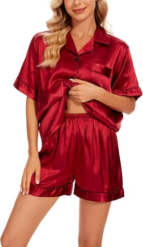 GAESHOW Satin Pajamas for Women, Short Sleeve Silk Pajama Set with Shorts Two Piece Pj Sets Button-Down Sleepwear Loungewear in Kuwait