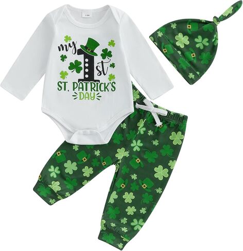 صبي الطفل الجديد القديس باتريكز ، رسالة الزي ، طباعة طبع طويل الأكمام رومبير سراويل سراويل سراويل القبع in Kuwait