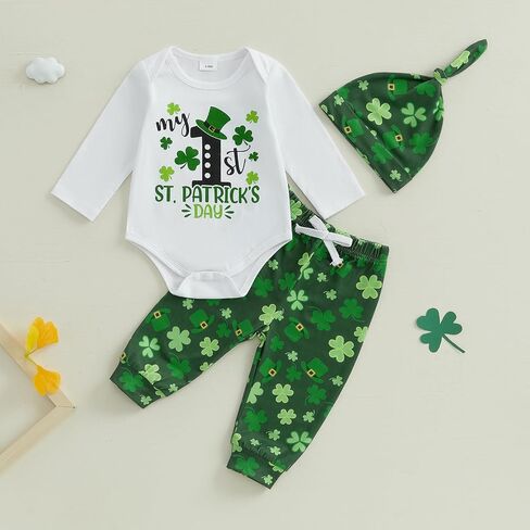 صبي الطفل الجديد القديس باتريكز ، رسالة الزي ، طباعة طبع طويل الأكمام رومبير سراويل سراويل سراويل القبع in Kuwait