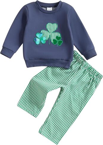 Infant Toddler St Patricks Day Baby Boy Outfit Clover Embroidery Sweatshirt Pullover Plaid Pants Set 2PCS Clothes in Kuwait