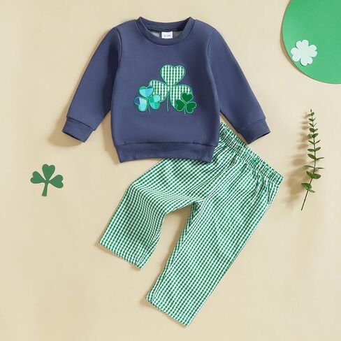 Infant Toddler St Patricks Day Baby Boy Outfit Clover Embroidery Sweatshirt Pullover Plaid Pants Set 2PCS Clothes in Kuwait