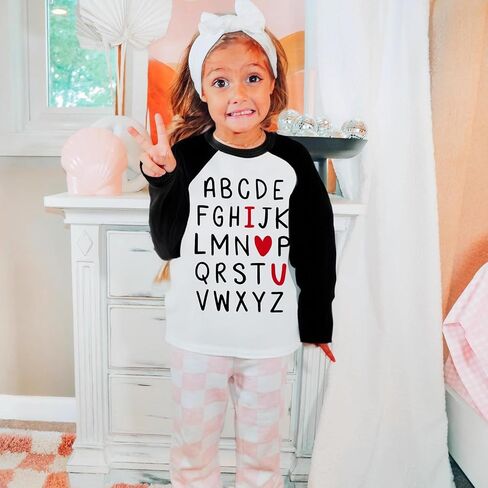Toddler Boy Girl Valentine's Day Shirt ABC Alphabet I Love U Tee Tops Kids Raglan Long Sleeve T-Shirt 2-7 Years in Kuwait