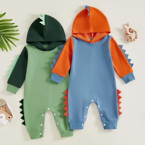 Hoanselay Infant Baby Boy Clothes Dinosaur Outfit Color Block Hoodie Jumpsuit Long Sleeve Romper Newborn Fall Winter Clothing in Kuwait