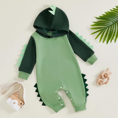 Hoanselay Infant Baby Boy Clothes Dinosaur Outfit Color Block Hoodie Jumpsuit Long Sleeve Romper Newborn Fall Winter Clothing in Kuwait