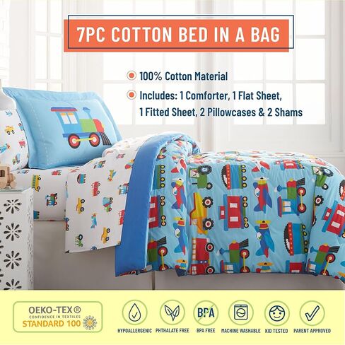 Wildkin 100 ٪ Cotton 7 PC Full Bed-A-Bag for Boys & Girls ، مجموعة الفراش تشمل المعزي ، ورقة مسطحة ، ورقة مجهزة ، اثنين من وسادات وشمس ، مجموعة من الحضن المريح (القطارات ، الطائرات والشاحنات) in Kuwait