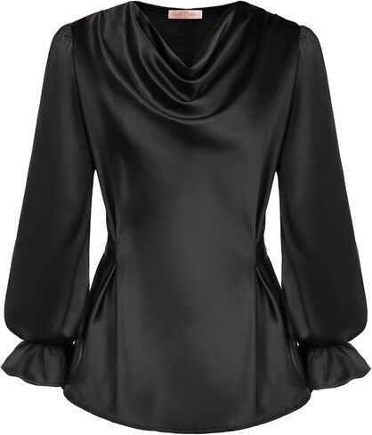 بلوزة نسائية من Belle Poque مصنوعة من الحرير والساتان ورقبة متدلية وأكمام طويلة وربطة عنق على الخصر وبلوزة قميص علوي in Kuwait
