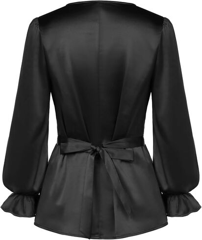 بلوزة نسائية من Belle Poque مصنوعة من الحرير والساتان ورقبة متدلية وأكمام طويلة وربطة عنق على الخصر وبلوزة قميص علوي in Kuwait