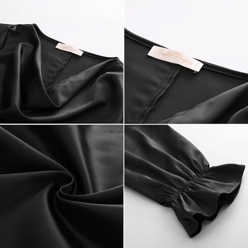 بلوزة نسائية من Belle Poque مصنوعة من الحرير والساتان ورقبة متدلية وأكمام طويلة وربطة عنق على الخصر وبلوزة قميص علوي in Kuwait