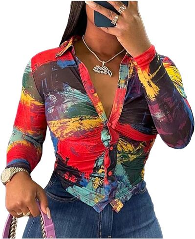 LovelyWholesale Women Sexy Button Down Shirts Long Sleeve Collared Tie Dye Tops in Kuwait