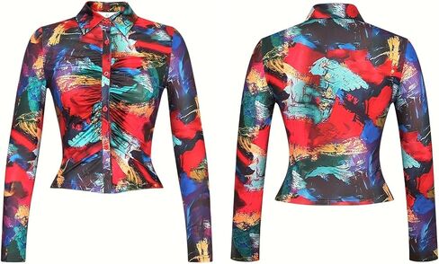 LovelyWholesale Women Sexy Button Down Shirts Long Sleeve Collared Tie Dye Tops in Kuwait