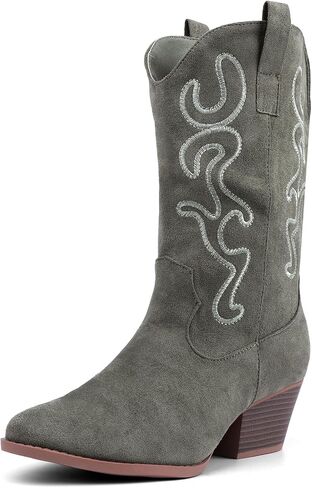 Bandkos Womens Mid Calf Boot, Comfortable Cowboy Chunky Boots Block Heel Pointed Toe Fashion Suede Slouch Boots in Saudi Arabia