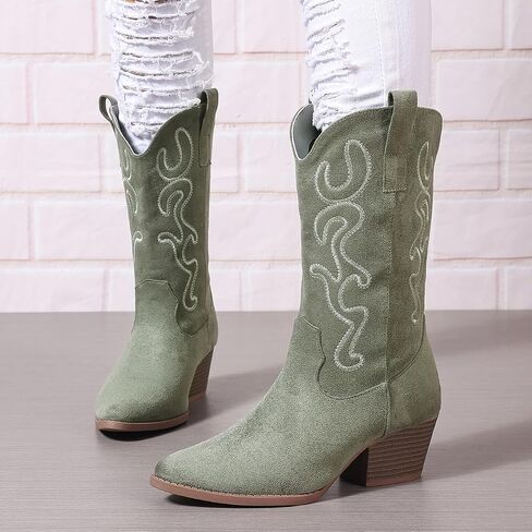 Bandkos Womens Mid Calf Boot, Comfortable Cowboy Chunky Boots Block Heel Pointed Toe Fashion Suede Slouch Boots in Saudi Arabia