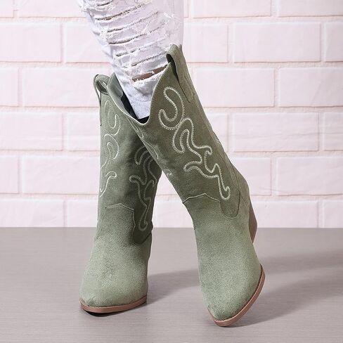 Bandkos Womens Mid Calf Boot, Comfortable Cowboy Chunky Boots Block Heel Pointed Toe Fashion Suede Slouch Boots in Saudi Arabia