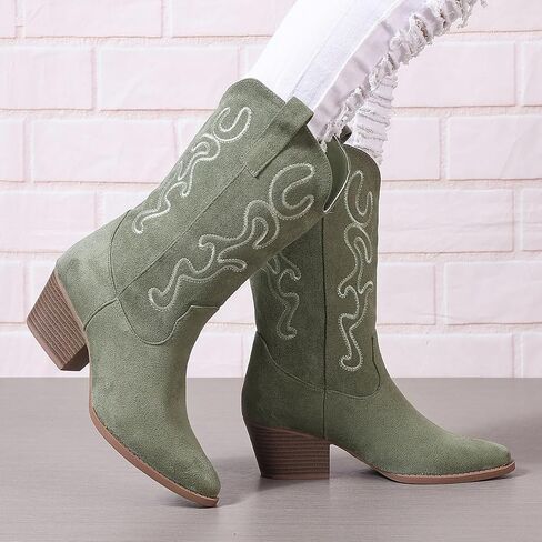Bandkos Womens Mid Calf Boot, Comfortable Cowboy Chunky Boots Block Heel Pointed Toe Fashion Suede Slouch Boots in Saudi Arabia
