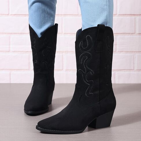 Bandkos Womens Mid Calf Boot ، رعاة البقر المريحة أحذية مكتنزة الكعب الكعب مدببة in Kuwait