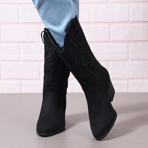 Bandkos Womens Mid Calf Boot ، رعاة البقر المريحة أحذية مكتنزة الكعب الكعب مدببة in Kuwait