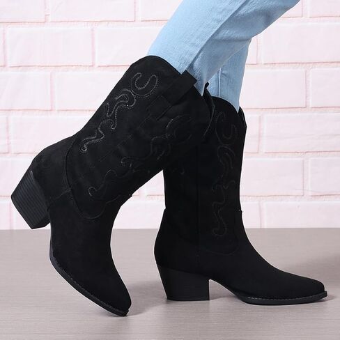 Bandkos Womens Mid Calf Boot ، رعاة البقر المريحة أحذية مكتنزة الكعب الكعب مدببة in Kuwait