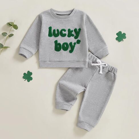 Toddler Baby Boy St Patricks Day Outfit Clover Letter Embroidery Waffle Knit Sweatshirt Long Pants Clothes Set in Kuwait