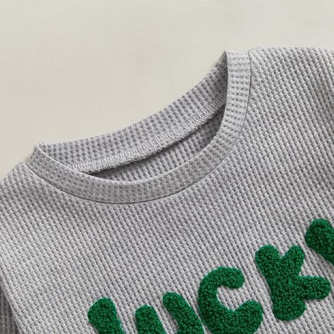 Toddler Baby Boy St Patricks Day Outfit Clover Letter Embroidery Waffle Knit Sweatshirt Long Pants Clothes Set in Kuwait