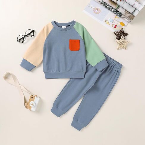 Toddler Boy Girl Fall Outfit Color Block Clothes 2Pcs Sets Long Sleeve Sweatshirt Top and Pants in Saudi Arabia